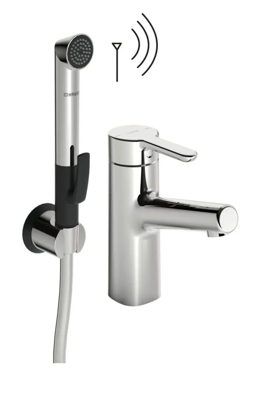 Einhebelmischer mit Chrom-Oberfläche und seitlich montiertem Handbrauseanschluss. Die Armatur zeigt eine moderne Formensprache von HANSA.